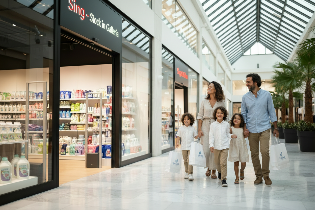 Famiglia italiana con buste Sing in mano